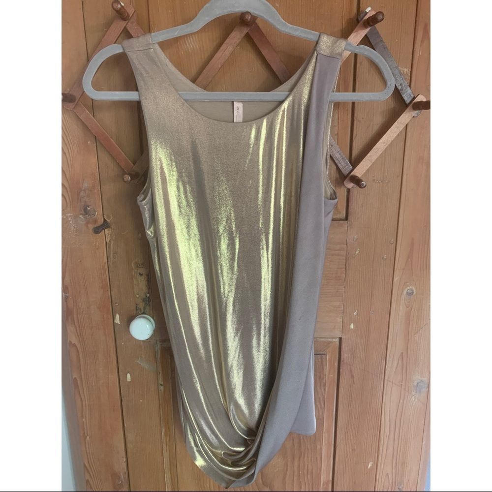 Bailey44 gold lame’ metallic draped layered tank blouse NWT